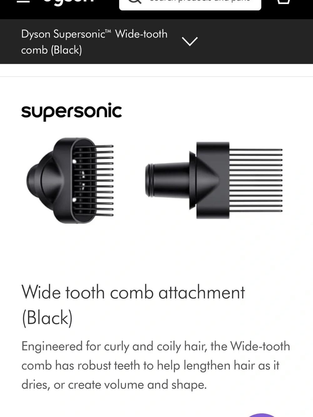 Dyson Wide Tooth Comb Attachment for Dyson SuperSonic hair dryer